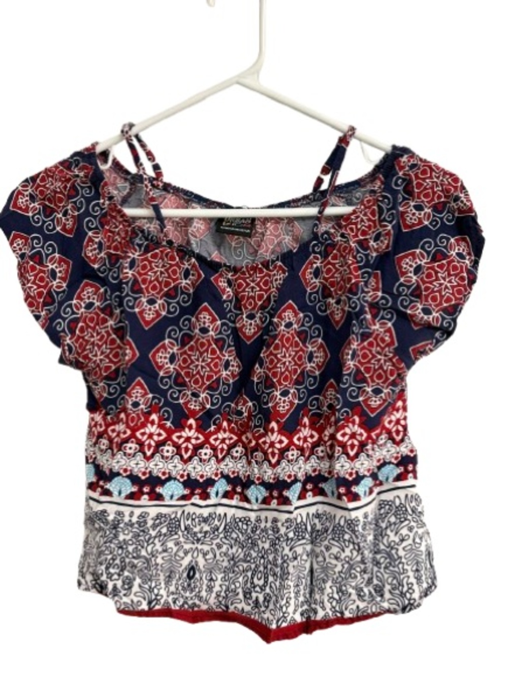 Girls' Navy and Red Printed Short-Sleeve Peasant Top
